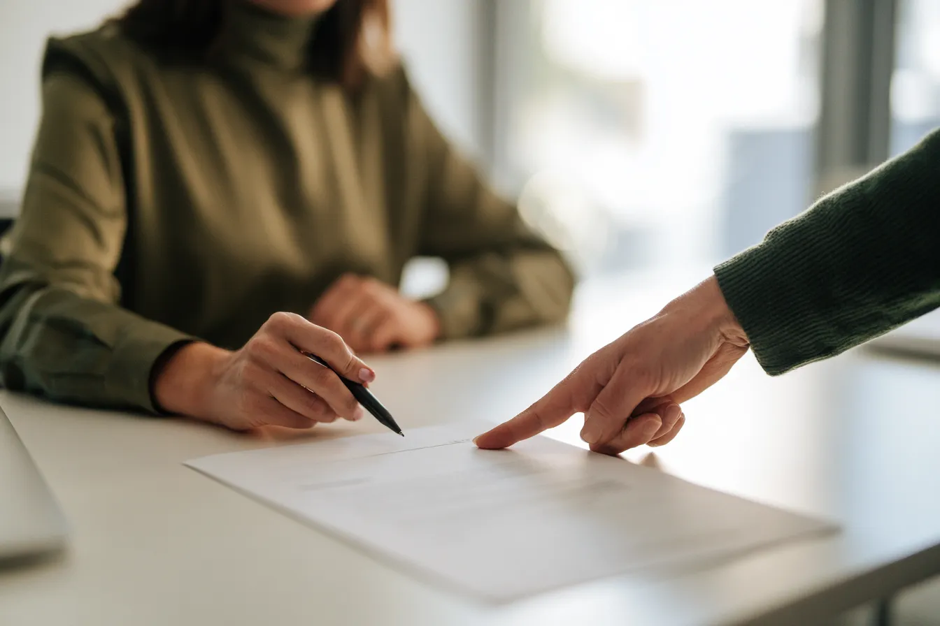 Applicant signing a single clear document at a minimal desk, advisor indicating the line