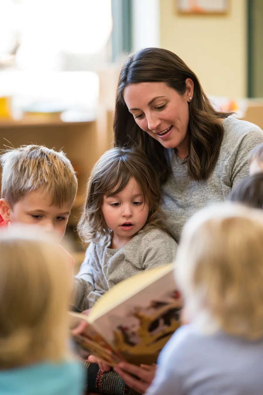 Daycare teacher reading to a circle of children — questions welcomed, answers given patiently