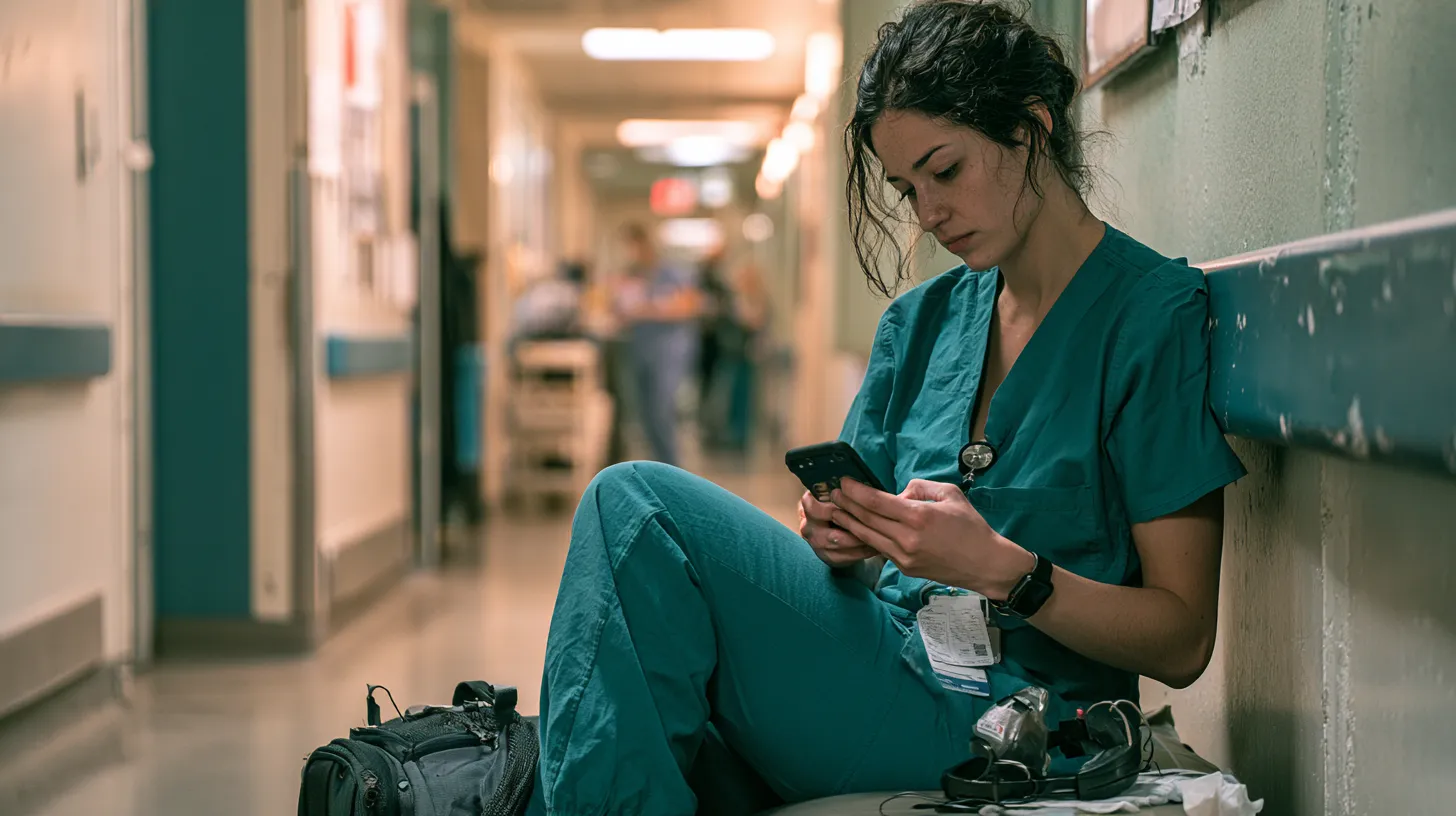Nurse on a hospital break checking emergency loan options on her phone