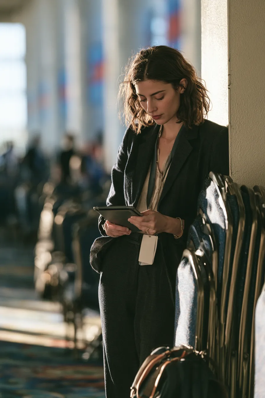 Event planner checking her tablet beside stacked chairs in an empty hall — the plan exists before the crowd does