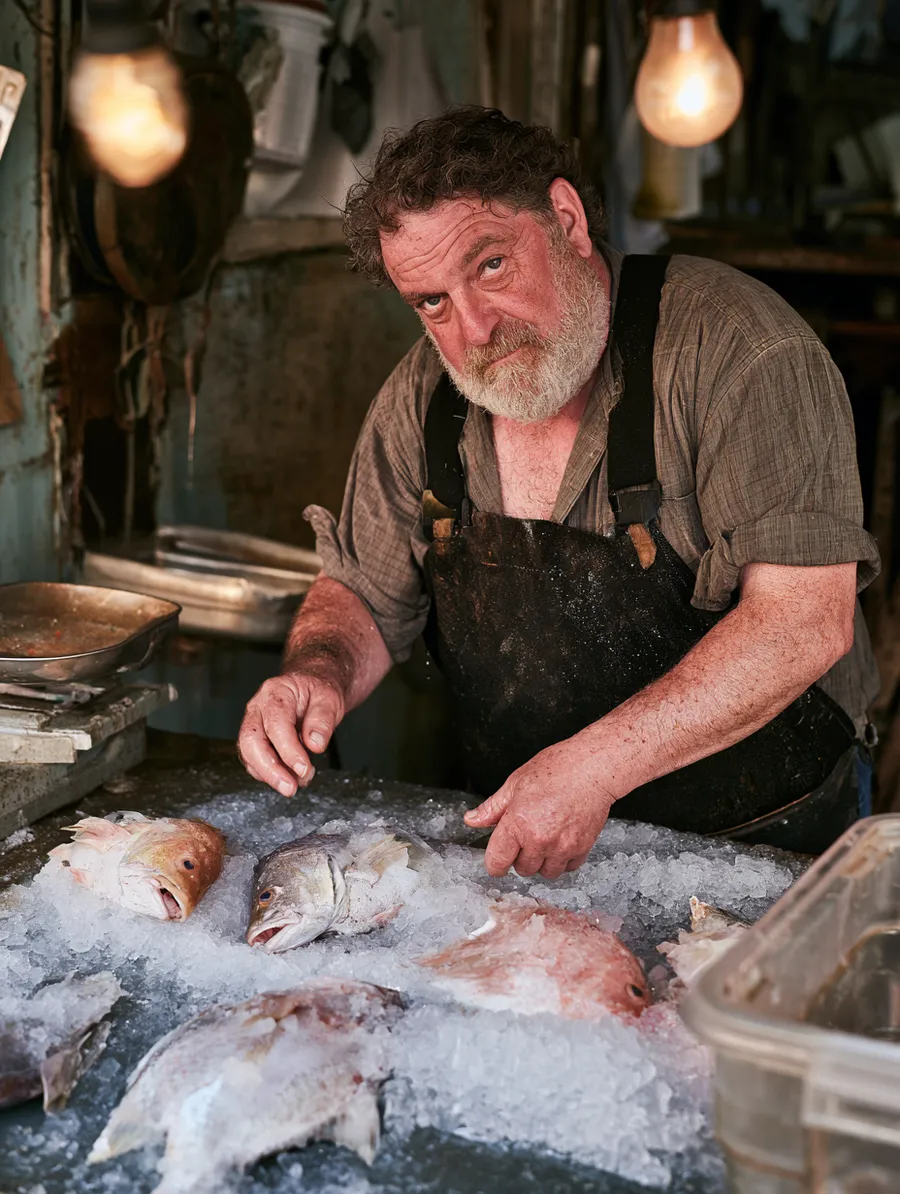 Fishmonger icing the morning catch before opening — thirty stalls in the same market, and freshness varies