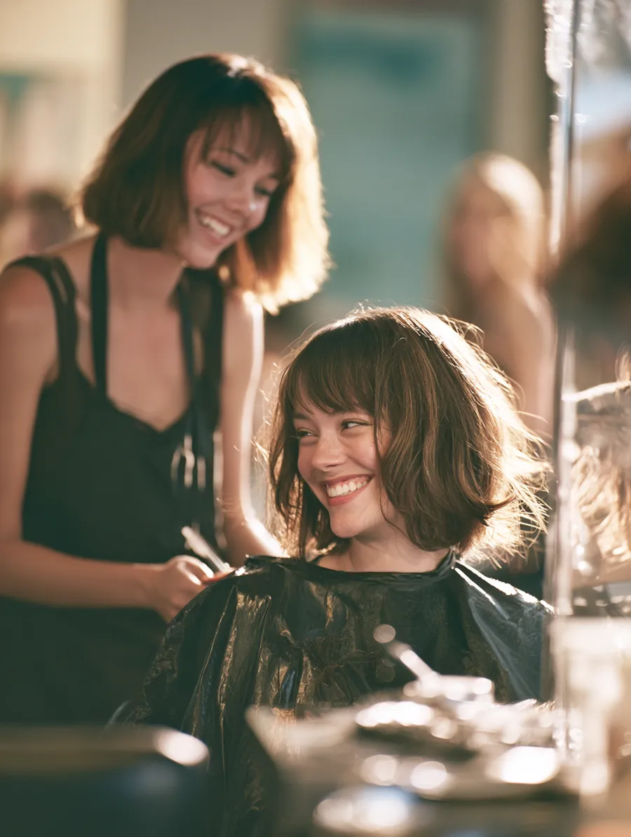 Hair stylist stepping back to check the cut with her client — assess honestly before you commit
