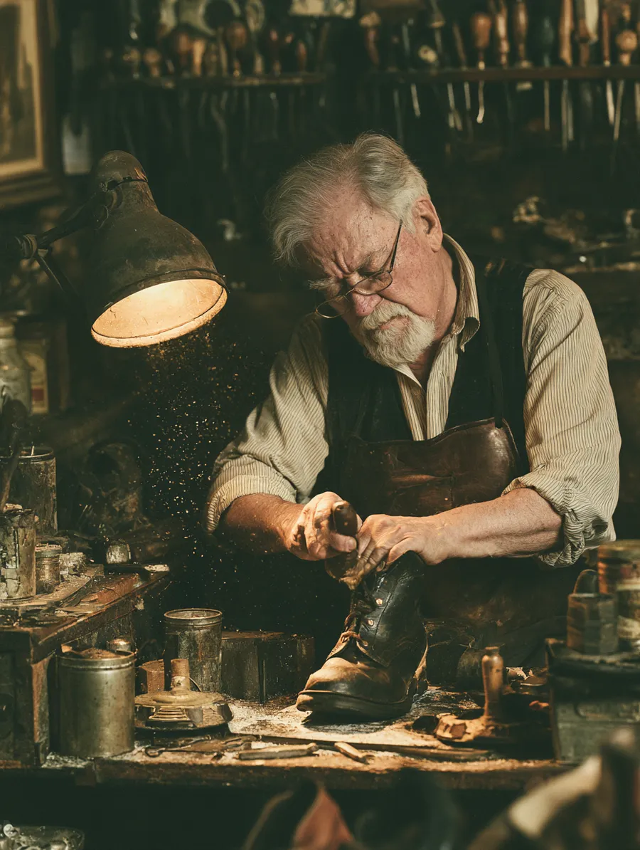 Shoe repairman restoring a boot at his bench — methodical, one job finished completely at a time