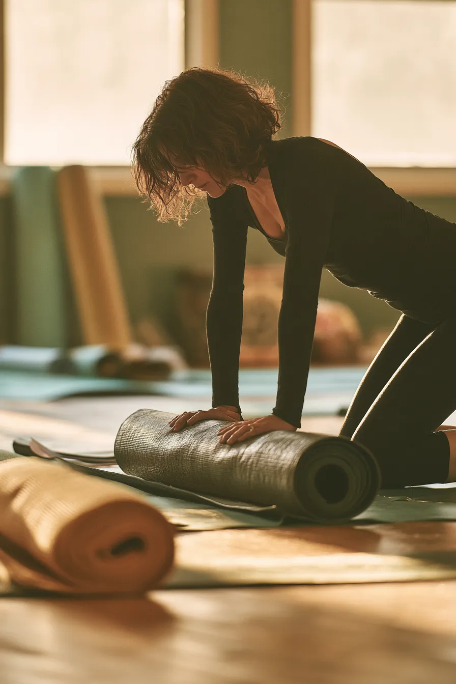 Yoga instructor laying out mats in an empty studio before class — preparation is its own quiet project